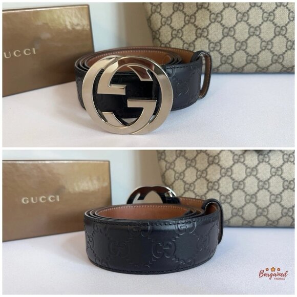 Auth Gucci Black Guccissima Leather Silver Interlocking G Buckle Belt 95/38 - Picture 3 of 13